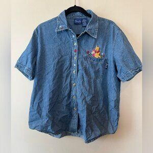 Disney Winnie the Pooh Denim Button Up Shirt Women XL Embroidered Vintage Piglet
